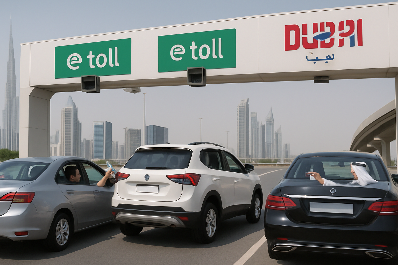 Drivers using electronic payment systems for toll roads in Dubai