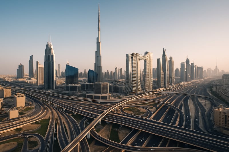 Dubai city skyline with modern highways and toll roads