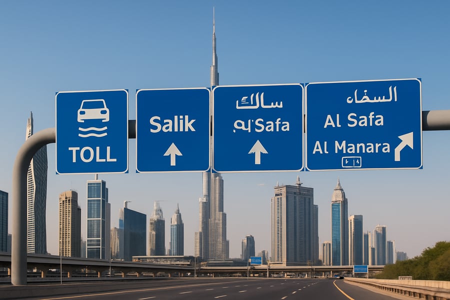 Dubai skyline with toll road signs