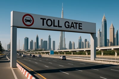 Dubai toll road with city skyline